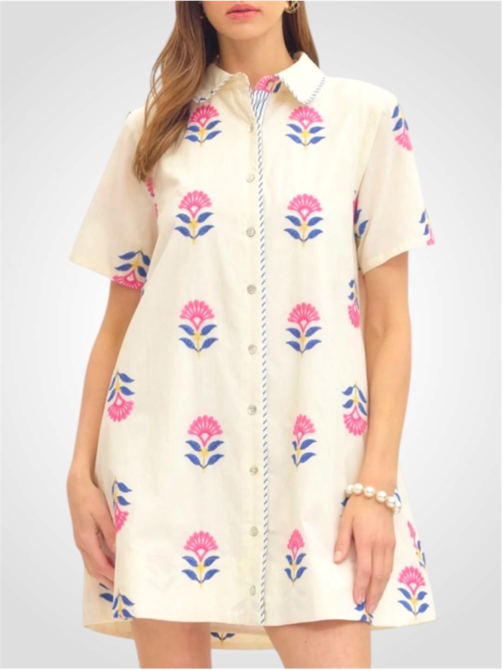Women's Entro Button Down Embroidered Shirt Dress in White Size S